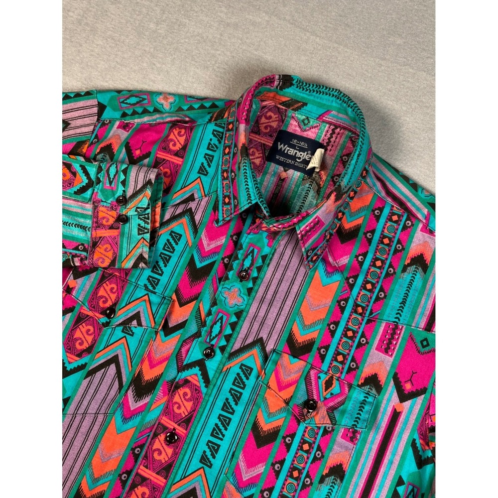 Vintage Wrangler Brushpopper style Long Sleeve Botton‎ Shirt Geometric Aztec L